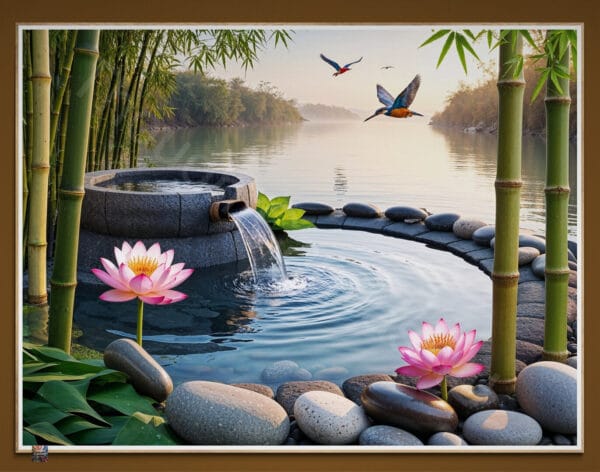 Zen Garden Art Print | Bamboo Water Fountain | Lotus Flowers | Digital Download | Instant Download