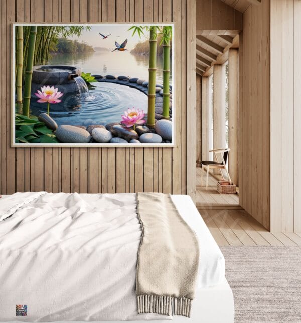 Zen Garden Art Print | Bamboo Water Fountain | Lotus Flowers | Digital Download | Instant Download - Image 2