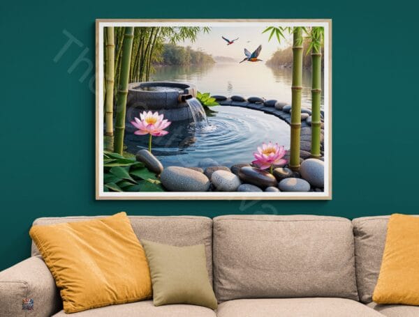 Zen Garden Art Print | Bamboo Water Fountain | Lotus Flowers | Digital Download | Instant Download - Image 3