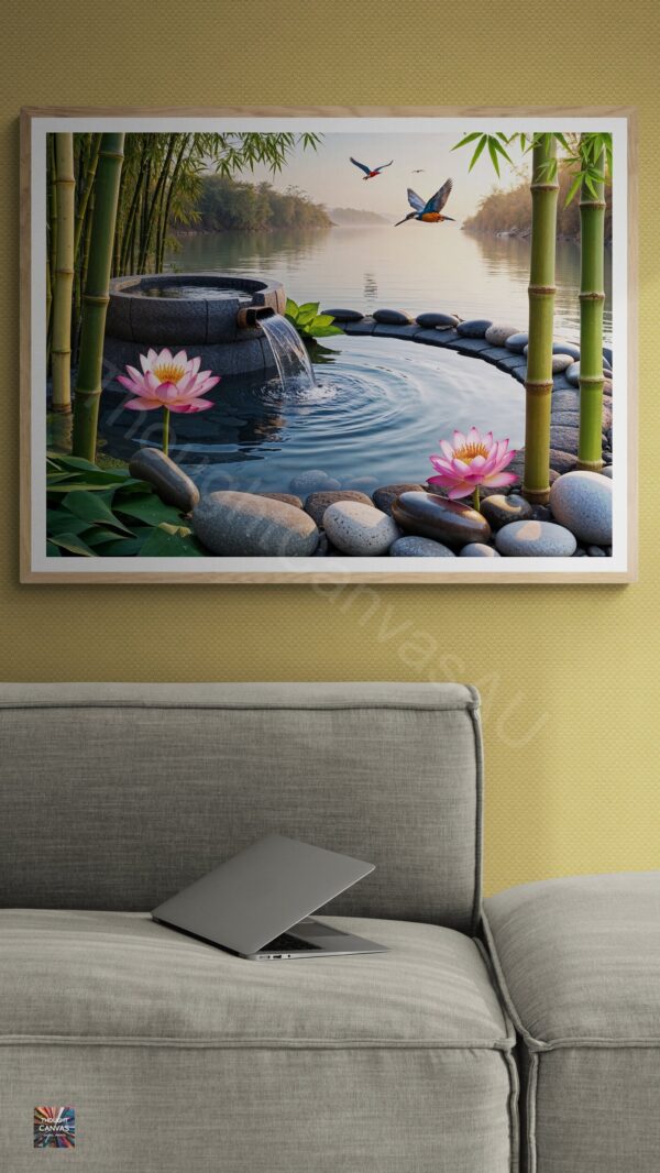Zen Garden Art Print | Bamboo Water Fountain | Lotus Flowers | Digital Download | Instant Download - Image 4