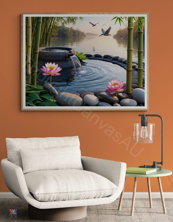 Zen Garden Art Print | Bamboo Water Fountain | Lotus Flowers | Digital Download | Instant Download - Image 5