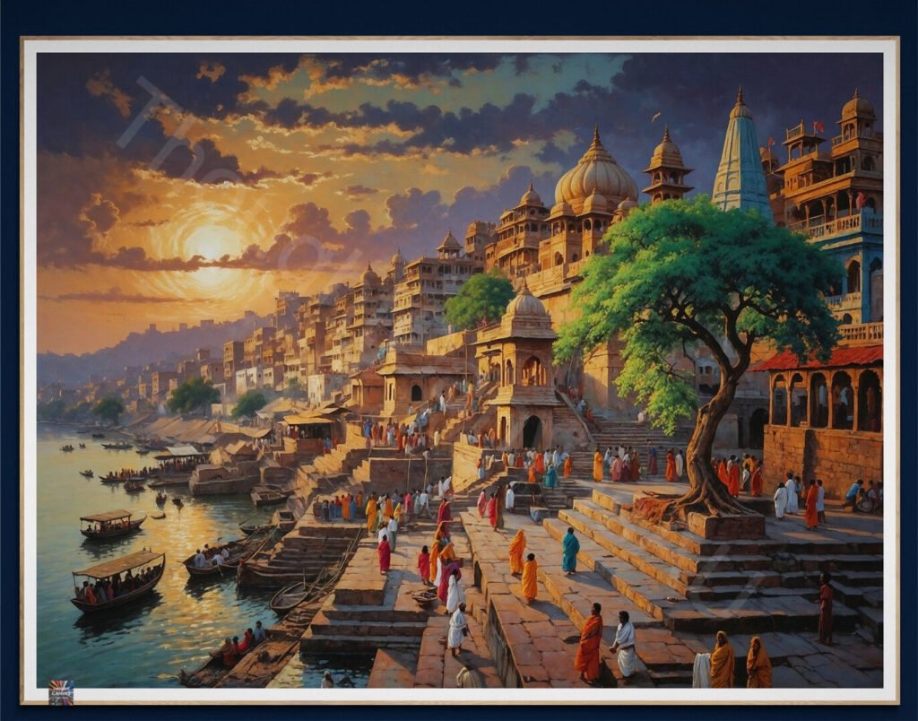 Vibrant Varanasi Painting | Indian Architecture | Digital Art | Sunset River Scene | Wall Decor | Instant Download