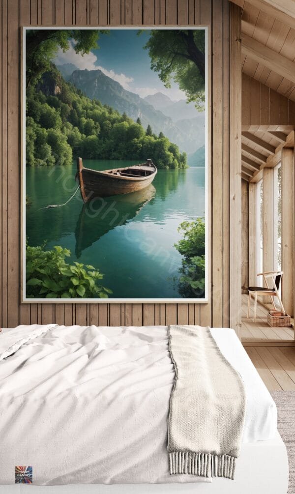 Lake Landscape Art Print | Wooden Boat | Green Scenery | Nature Wall Art | Digital Download | Instant Download - Image 2