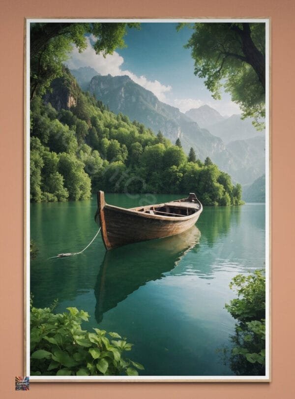 Lake Landscape Art Print | Wooden Boat | Green Scenery | Nature Wall Art | Digital Download | Instant Download