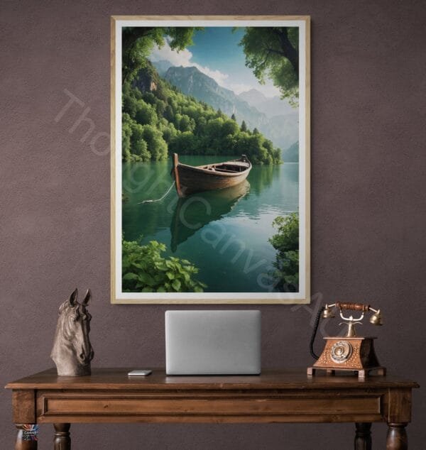 Lake Landscape Art Print | Wooden Boat | Green Scenery | Nature Wall Art | Digital Download | Instant Download - Image 5