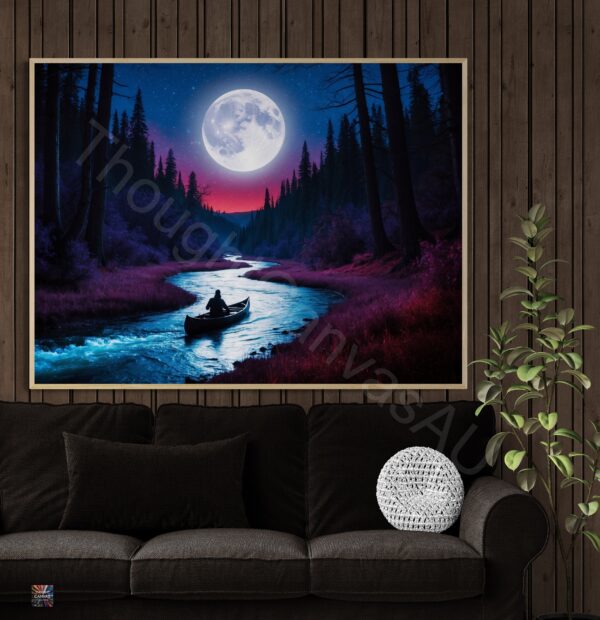 Surreal Night River Scene | Lone Canoeist | Glowing Moon | Digital Art Print | Wall Decor | Dreamy Landscape | Instant Download | 2 - Image 3