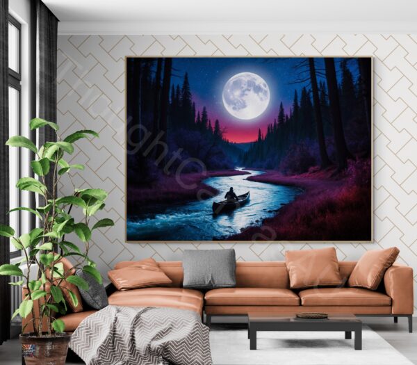 Surreal Night River Scene | Lone Canoeist | Glowing Moon | Digital Art Print | Wall Decor | Dreamy Landscape | Instant Download | 2 - Image 2