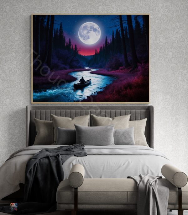 Surreal Night River Scene | Lone Canoeist | Glowing Moon | Digital Art Print | Wall Decor | Dreamy Landscape | Instant Download | 2 - Image 4