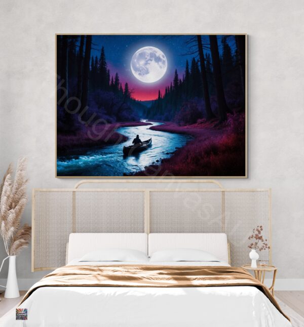Surreal Night River Scene | Lone Canoeist | Glowing Moon | Digital Art Print | Wall Decor | Dreamy Landscape | Instant Download | 2 - Image 5