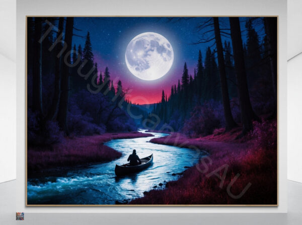 Surreal Night River Scene | Lone Canoeist | Glowing Moon | Digital Art Print | Wall Decor | Dreamy Landscape | Instant Download | 2