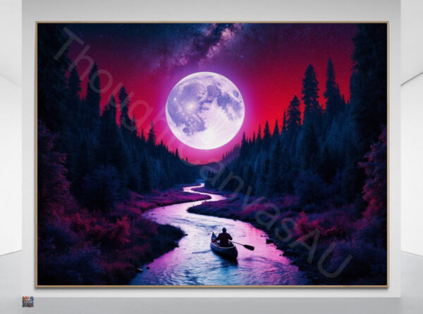 Surreal Night River Scene | Lone Canoeist | Glowing Moon | Digital Art Print | Wall Decor | Dreamy Landscape | Instant Download | 3