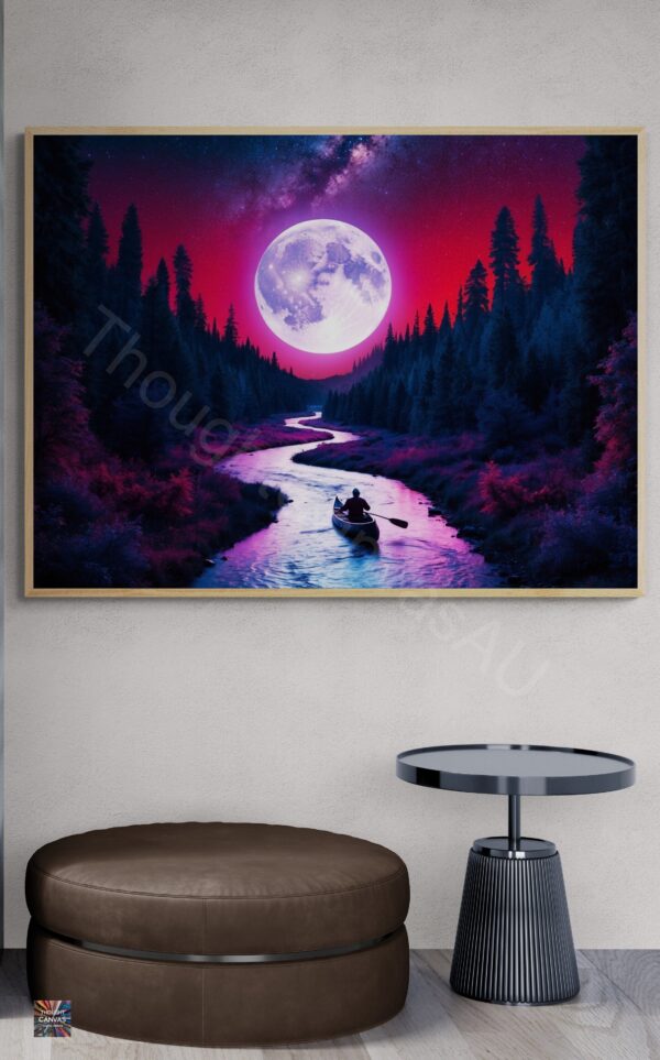 Surreal Night River Scene | Lone Canoeist | Glowing Moon | Digital Art Print | Wall Decor | Dreamy Landscape | Instant Download | 3 - Image 2