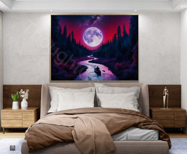 Surreal Night River Scene | Lone Canoeist | Glowing Moon | Digital Art Print | Wall Decor | Dreamy Landscape | Instant Download | 3 - Image 3