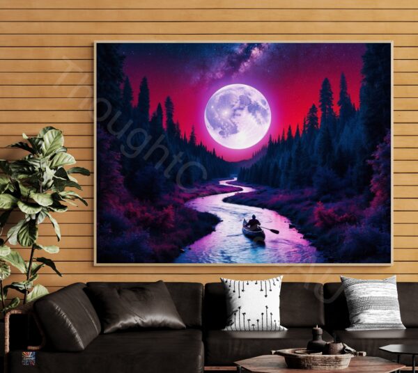 Surreal Night River Scene | Lone Canoeist | Glowing Moon | Digital Art Print | Wall Decor | Dreamy Landscape | Instant Download | 3 - Image 4