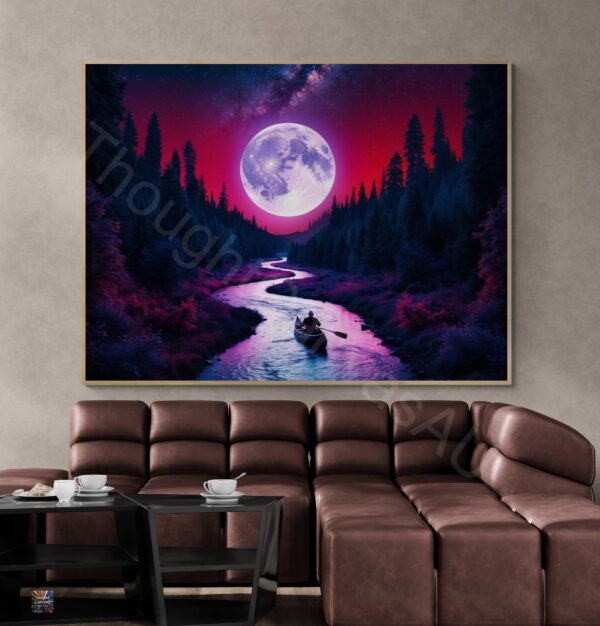 Surreal Night River Scene | Lone Canoeist | Glowing Moon | Digital Art Print | Wall Decor | Dreamy Landscape | Instant Download | 3 - Image 5