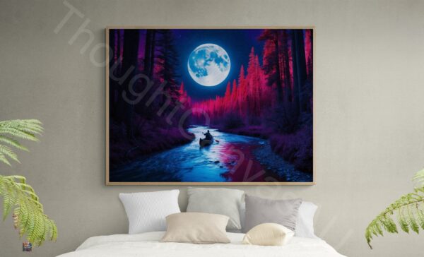 Surreal Night River Scene | Lone Canoeist | Glowing Moon | Digital Art Print | Wall Decor | Dreamy Landscape | Instant Download | 4 - Image 2
