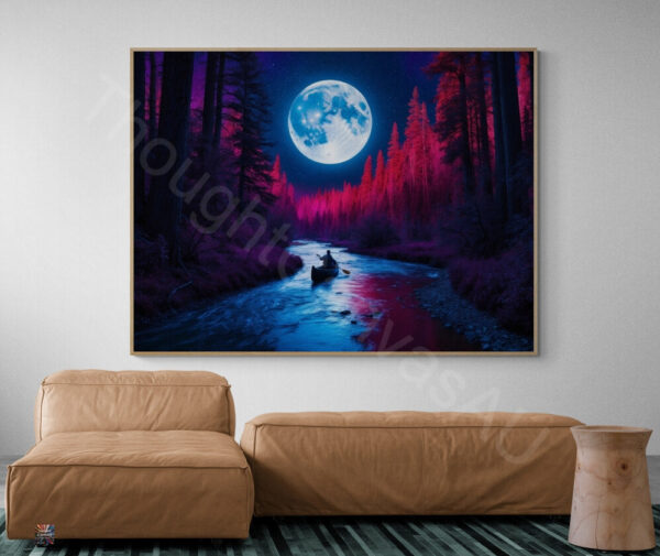 Surreal Night River Scene | Lone Canoeist | Glowing Moon | Digital Art Print | Wall Decor | Dreamy Landscape | Instant Download | 4 - Image 3