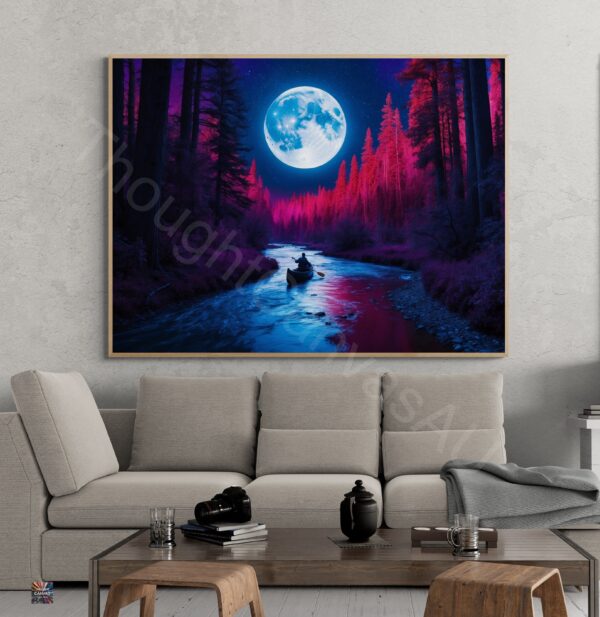 Surreal Night River Scene | Lone Canoeist | Glowing Moon | Digital Art Print | Wall Decor | Dreamy Landscape | Instant Download | 4 - Image 4