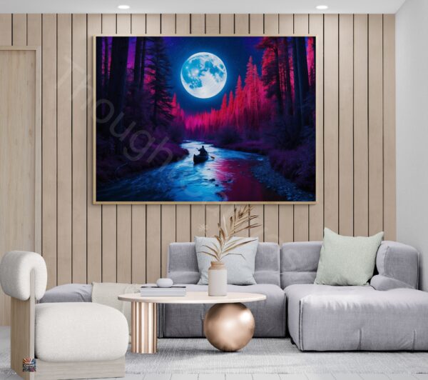 Surreal Night River Scene | Lone Canoeist | Glowing Moon | Digital Art Print | Wall Decor | Dreamy Landscape | Instant Download | 4 - Image 5
