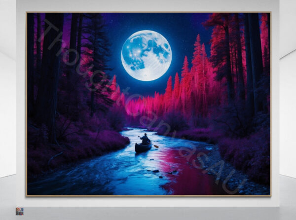 Surreal Night River Scene | Lone Canoeist | Glowing Moon | Digital Art Print | Wall Decor | Dreamy Landscape | Instant Download | 4