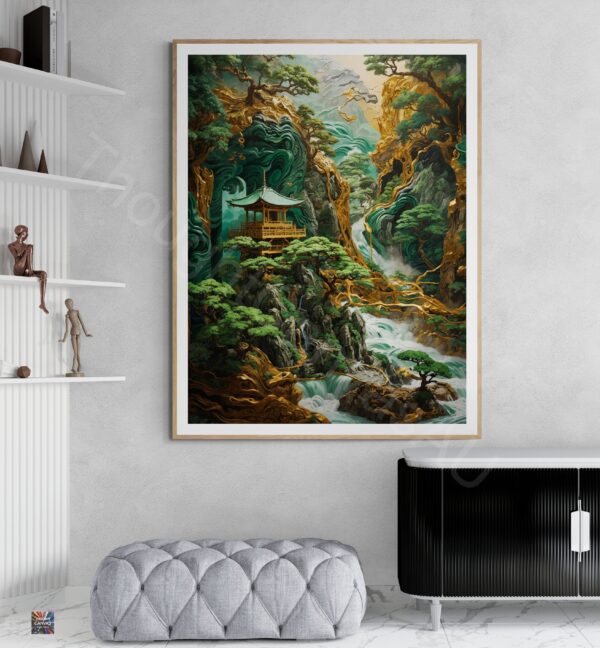 Striking Temple Art | Textured Japanese Style | Displate Metal Poster | Gold, Jade & Malachite | Digital Download | Instant Download - Image 2