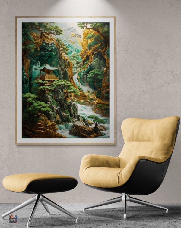 Striking Temple Art | Textured Japanese Style | Displate Metal Poster | Gold, Jade & Malachite | Digital Download | Instant Download - Image 3