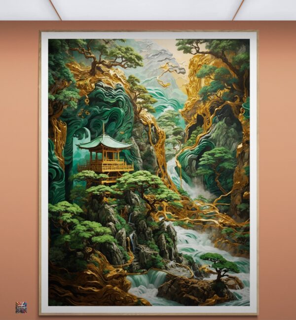 Striking Temple Art | Textured Japanese Style | Displate Metal Poster | Gold, Jade & Malachite | Digital Download | Instant Download