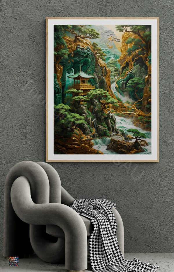 Striking Temple Art | Textured Japanese Style | Displate Metal Poster | Gold, Jade & Malachite | Digital Download | Instant Download - Image 4