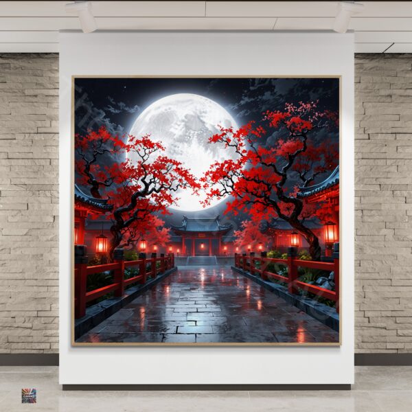 Japanese Architecture Wall Art | Full Moon Night | Red Flowers | Digital Download | Aesthetic Room Decor | Instant Download | 2