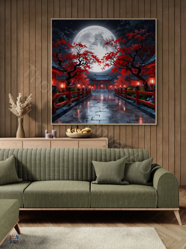 Japanese Architecture Wall Art | Full Moon Night | Red Flowers | Digital Download | Aesthetic Room Decor | Instant Download | 2 - Image 2