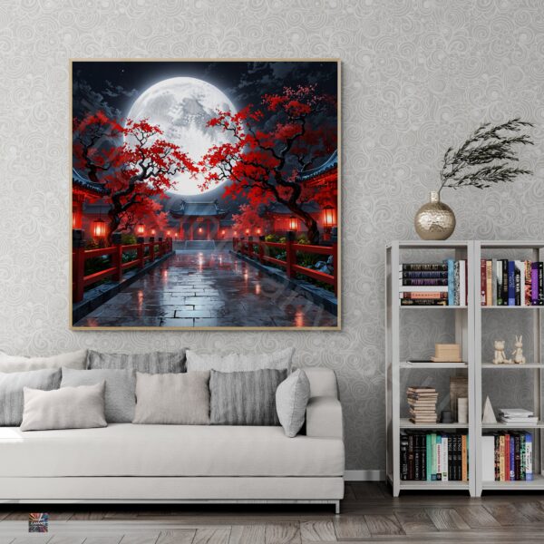 Japanese Architecture Wall Art | Full Moon Night | Red Flowers | Digital Download | Aesthetic Room Decor | Instant Download | 2 - Image 3