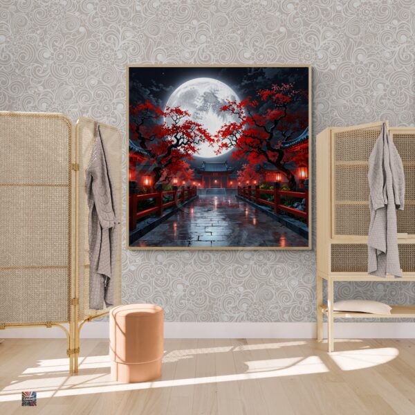 Japanese Architecture Wall Art | Full Moon Night | Red Flowers | Digital Download | Aesthetic Room Decor | Instant Download | 2 - Image 4