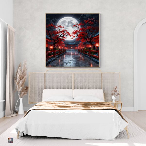 Japanese Architecture Wall Art | Full Moon Night | Red Flowers | Digital Download | Aesthetic Room Decor | Instant Download | 2 - Image 5