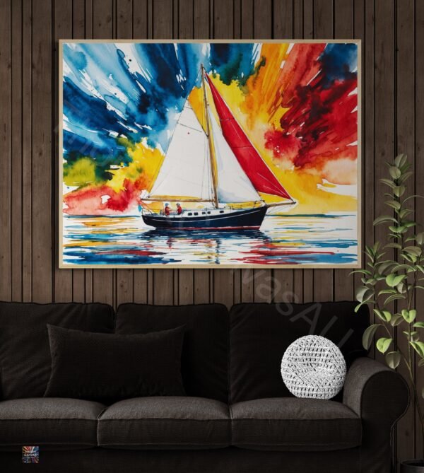 Colorful Sailboat Painting | Expressive Watercolor | Red Sail, Blue Hull | Ocean Scene | Digital Art| Instant Download - Image 4