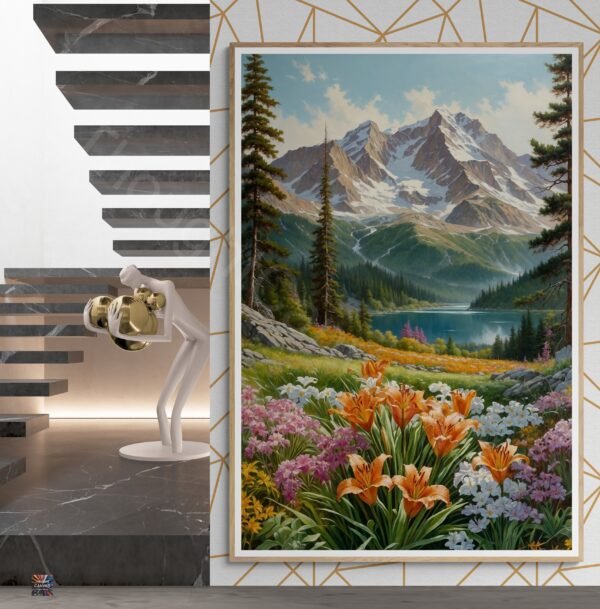 Vibrant Mountain Landscape | Realistic Wildflowers | Digital Art | Oil Painting Effect | Wall Decor | Instant Download - Image 3