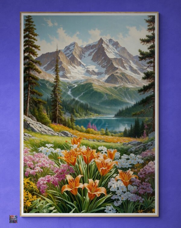 Vibrant Mountain Landscape | Realistic Wildflowers | Digital Art | Oil Painting Effect | Wall Decor | Instant Download