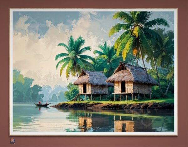 Tropical Kerala Art Print | Watercolour Landscape | Coconut Trees | Huts | Digital Download | Instant Download - Image 2