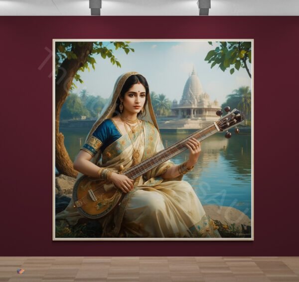 Indian Woman Art Print |  Serene Musician, Temple Scene, Digital Download | Instant Download - Image 2