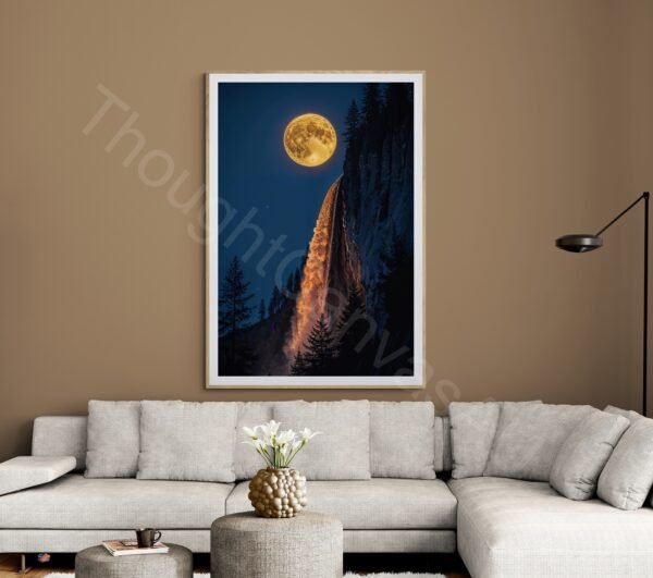 Orange Moon Waterfall Print | Surreal Nature Landscape, Pine Trees | Digital Download | Instant Download - Image 2