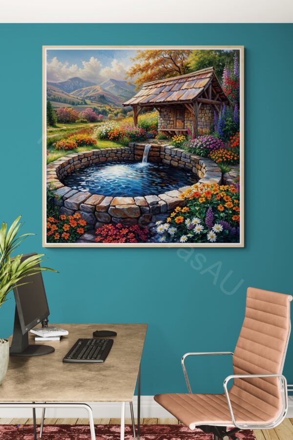 Peaceful Garden Retreat Art | Stone Well & Pond, Sunlit Meadow Digital Print | Instant Download - Image 2