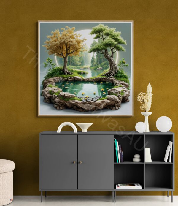 Miniature Pond Art Print | Serene Landscape, Golden Tree | Digital Download | Instant Download - Image 2
