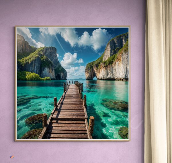 Turquoise Sea Boardwalk Art Print | Limestone Cliffs Landscape | Digital Download | Instant Download - Image 2