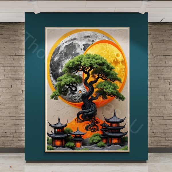 Vibrant Cosmic Tree Painting | Black Swirling Trunk, Moon & Sun Sky Digital Art | Digital Download | Instant Download - Image 2