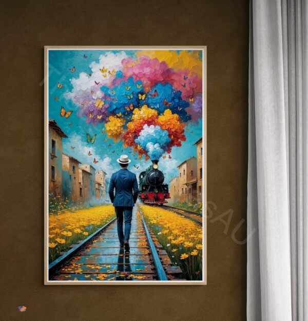 Vibrant Surrealism Print: Man Walking to Train, Abstract Flower Smoke, Blue Green Sky | Dreamy Wall Art | Instant Download - Image 3