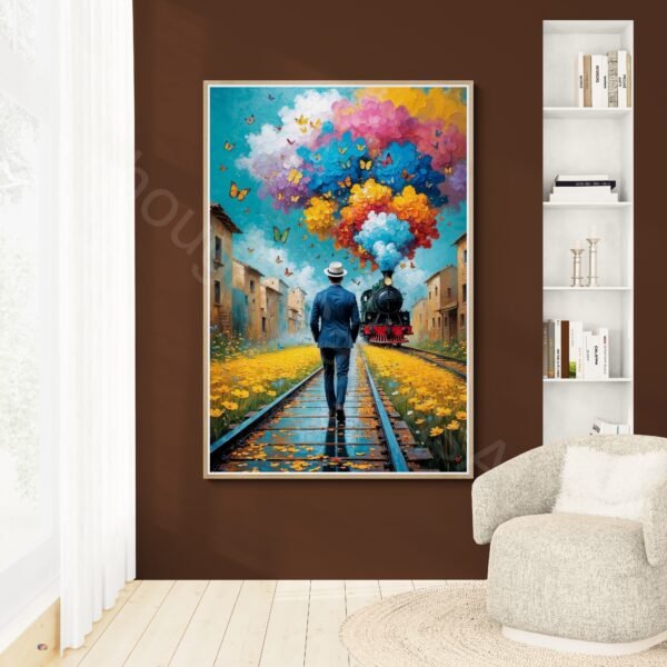 Vibrant Surrealism Print: Man Walking to Train, Abstract Flower Smoke, Blue Green Sky | Dreamy Wall Art | Instant Download - Image 6