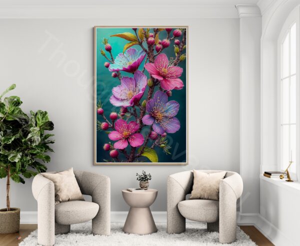 Vibrant Floral Branch Art Print | Pink & Purple Flowers, Teal Background Digital Download | Instant Download - Image 3