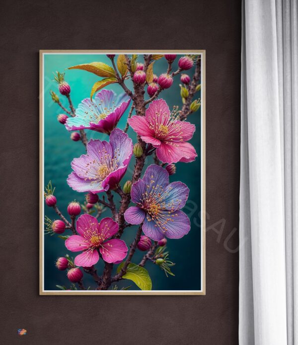 Vibrant Floral Branch Art Print | Pink & Purple Flowers, Teal Background Digital Download | Instant Download - Image 4