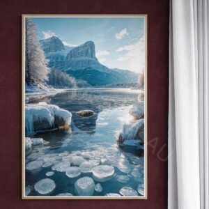 Winter Landscape Art Print | Icy Lake & Mountains, Snowy Scene Digital Download | Instant Download