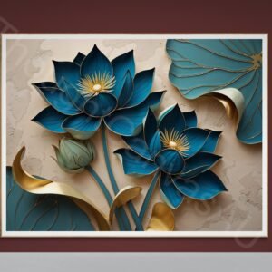 Blue and Gold Lotus Flower Digital Print: Elegant Botanical Wall Art, Modern Abstract Floral Decor (Digital Download)