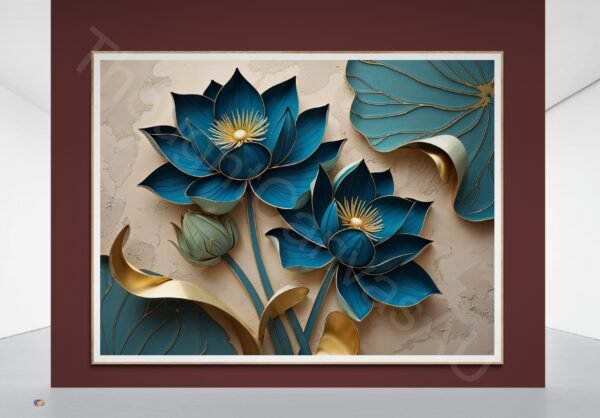Blue and Gold Lotus Flower Digital Print: Elegant Botanical Wall Art, Modern Abstract Floral Decor (Digital Download)